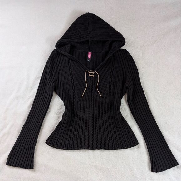 Vintage Knit Hoodie Sweater Women's Small/Medium Black - Picture 2 of 7